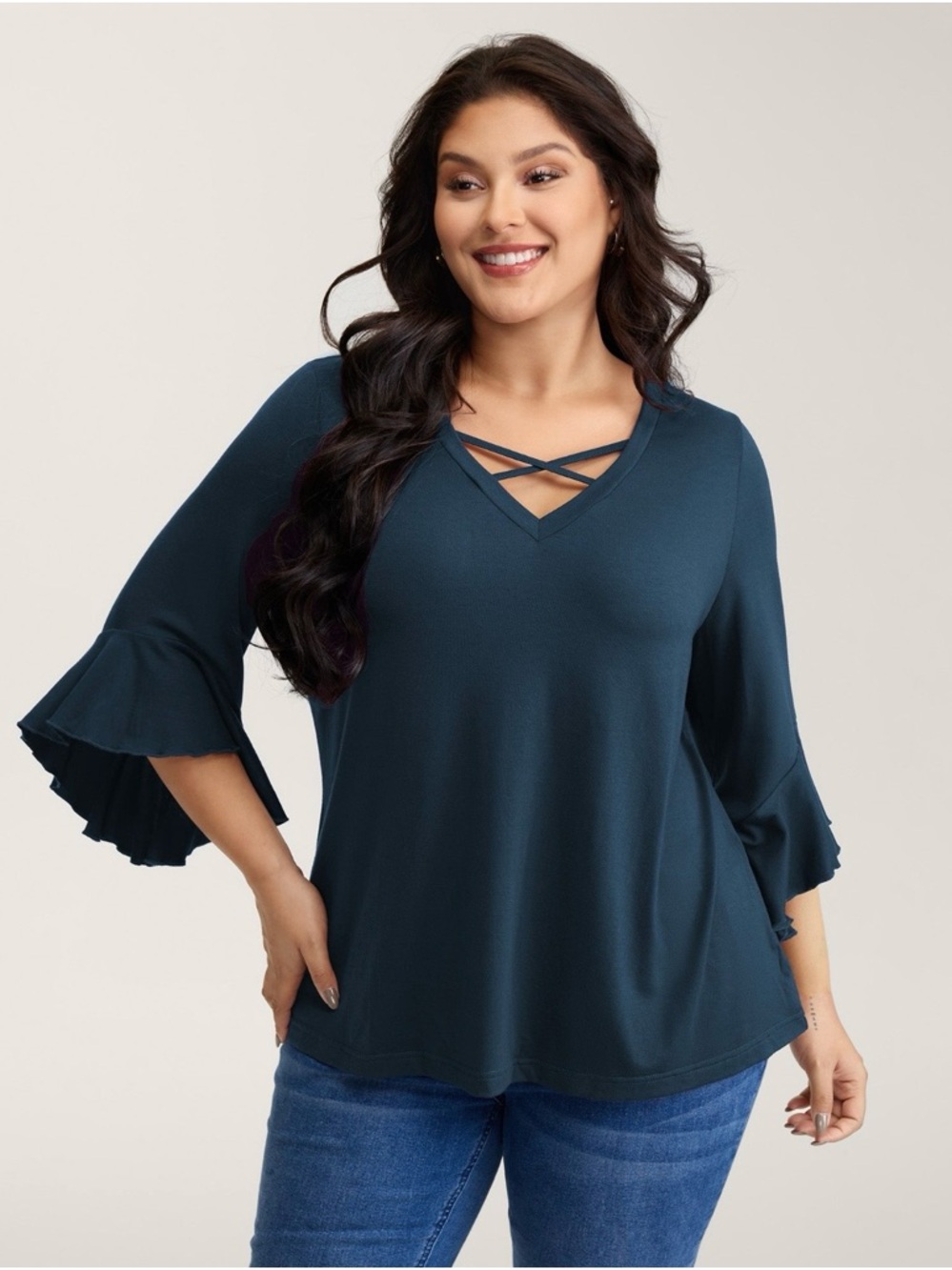 Supersoft Crisscross V-Neck Ruffle Sleeve Top in Aegean Blue